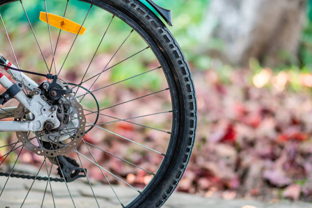 istock A bicycle wheel stops in a park. Bicycle for exercise. closeup, copy space on right for design or content. Blurred background 1489787618