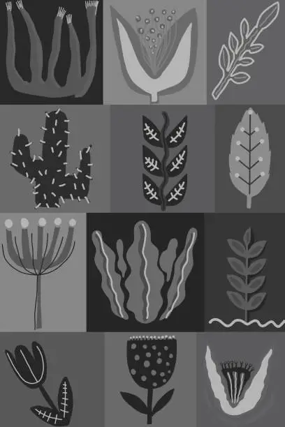 Vector illustration of Collection of flowers in black and white