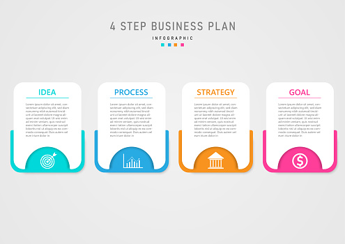 simple infographic template 4 steps of business planning for success, multi-colored squares and
White squares, white icons below letters on white background above. gray gradient background