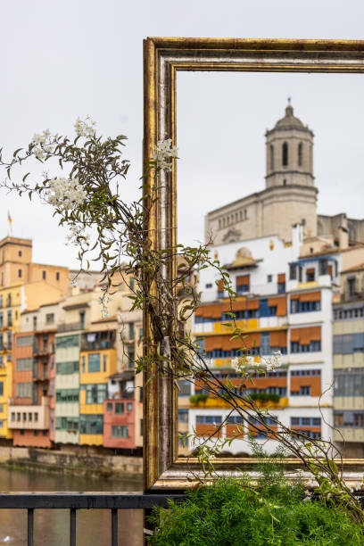 The tower of Girona Cathedral rises above the colorful residential buildings in the old town, Girona, Spain