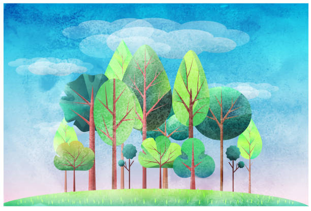 istock Summer landscape with trees and sky. Vector illustration with watercolor texture 1489793166