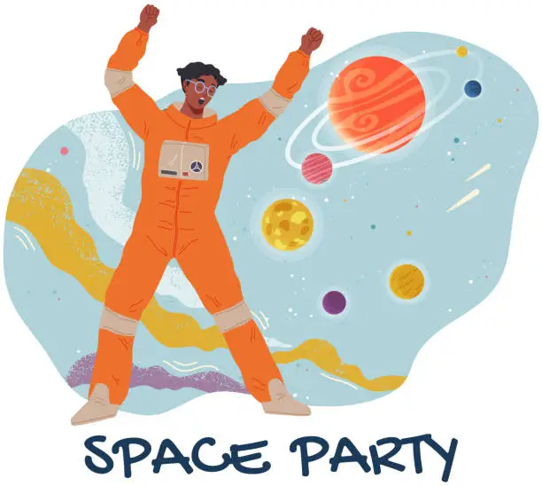 Vector illustration of Animators at birthday in cosmic style. Theme party in costumes. People in costumes have fun at space party poster