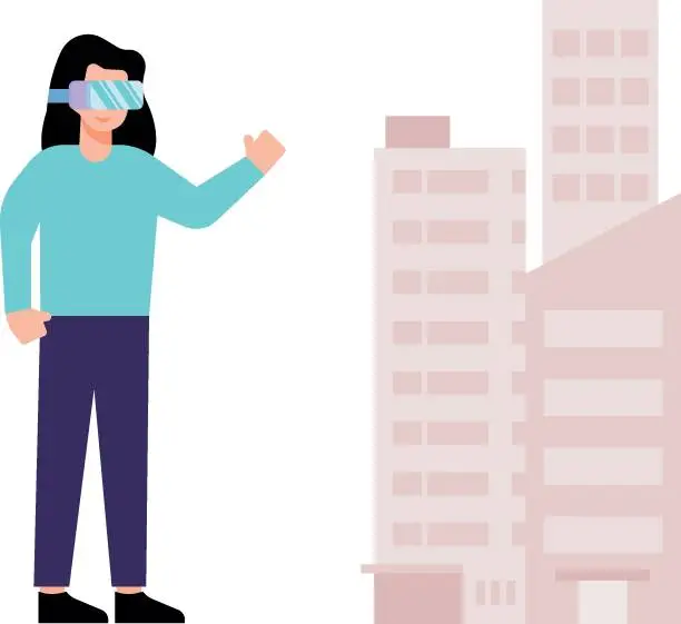 Vector illustration of Girl looking at buildings wearing VR glasses.