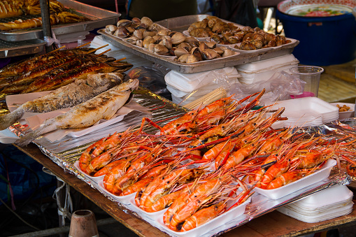 Fresh crabs and seafood on a streetfood market in Bangkok, Thailand