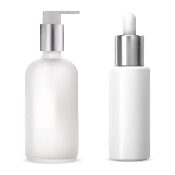 Vector illustration of Cosmetic serum bottles. Pump bottle, dropper bottle