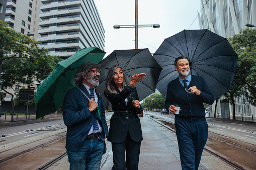 Senior businesspeople are in the street on a rainy day, using umbrellas and gesturing lively.