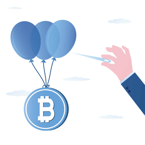 istock Financial, cryptocurrency bubble and invest in bitcoin. Crypto trading, mining crisis and unstable crypto worth. Hand with big needle wants to blow away balloons with bitcoin float in sky 1489800768