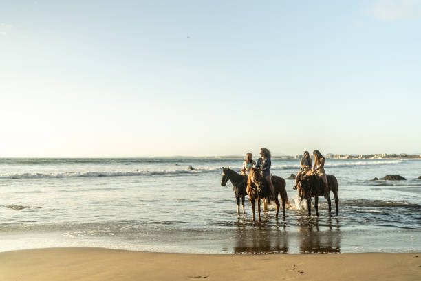 istock Female friends during horseback riding on the beach 1489804548