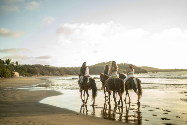 istock Female friends during horseback riding on the beach 1489804573