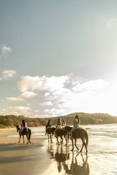 istock Female friends during horseback riding on the beach 1489804576