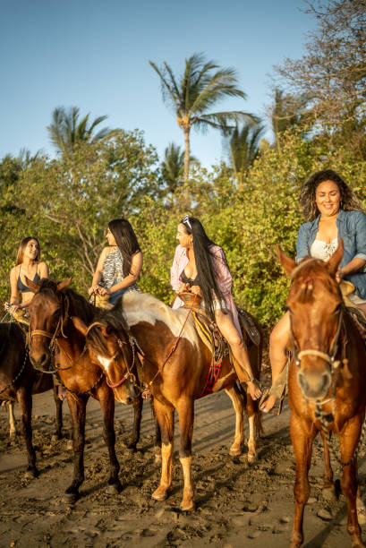 istock Female friends talking during horseback riding on the beach 1489804868