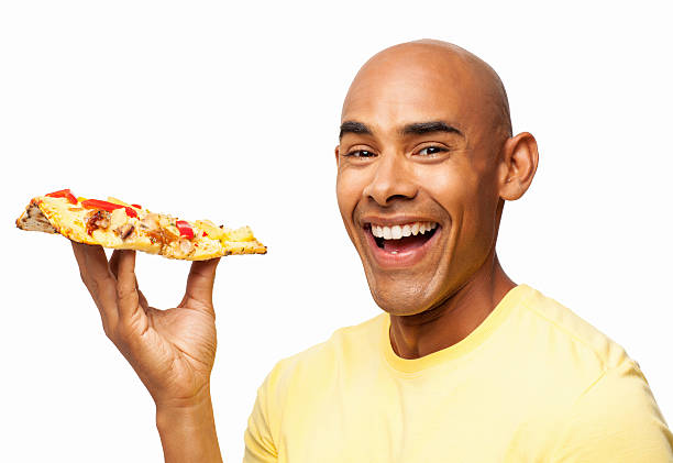 istock Happy Man Holding Slice Of Pizza - Isolated 148980735