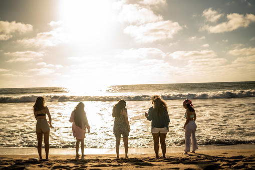 Females friends enjoying sunset on the beach