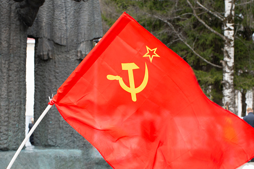 Syktyvkar, Komi, Russia, May 9, 2023,The red flag of victory in the Great Patriotic War.Flag of the USSR.