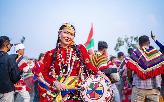 Kirat community wearing traditional dress, playing traditional musical instrument and celebrating the Sakela Ubhauli festival in Kathmandu,  Nepal, on  Saturday May 13, 2023