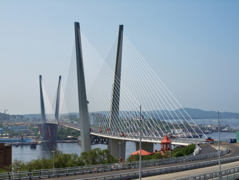 Big guyed bridge in the Vladivostok over the Golden Horn bay, Russian