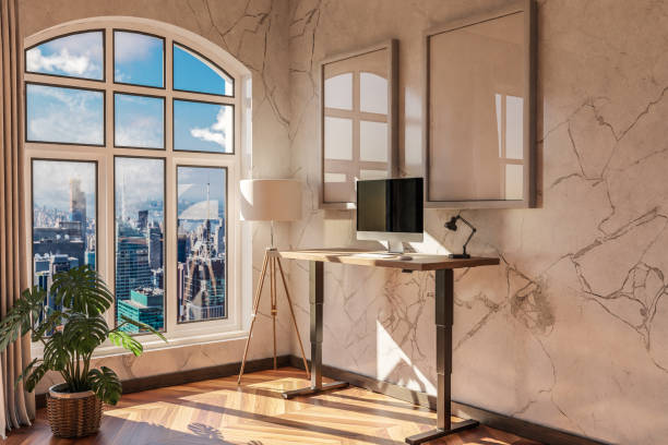 istock modern standing desk pc workplace in daylight downtown skyline office; home decoration desing and home office concept; 3D Illustration 1489816106