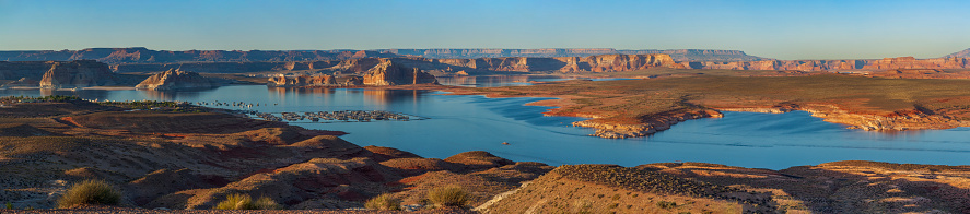 Aerial view of Lake Powell and Glenn Canyon in desert landscape, Glen Canyon National Recreation Area, Arizona, USA.