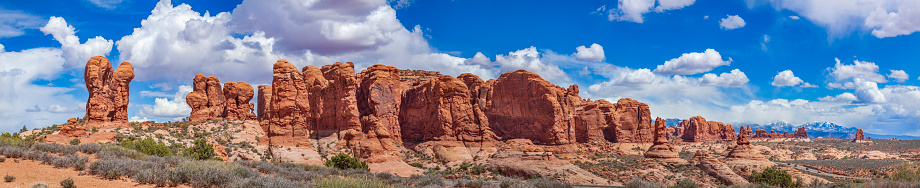 Scenic views with beautiful clouds in Arches National Park, Utah, United States.