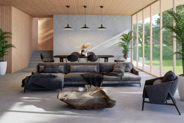 istock Modern contemporary loft living and dining room with nature view 3d render 1489817591