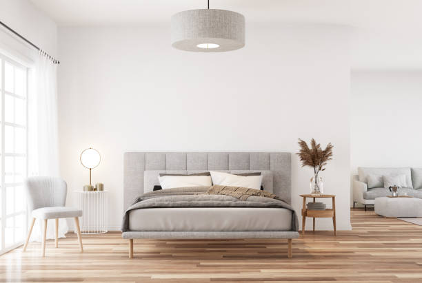 istock Modern style white bedroom and living room3d render 1489817610