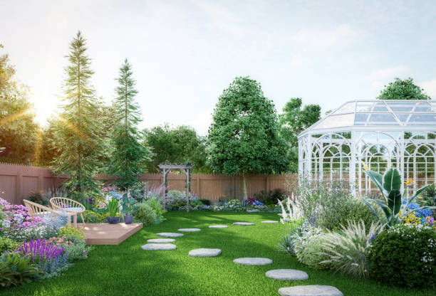 Luxury colorful backyard garden with glasshouse 3d render stock photo
