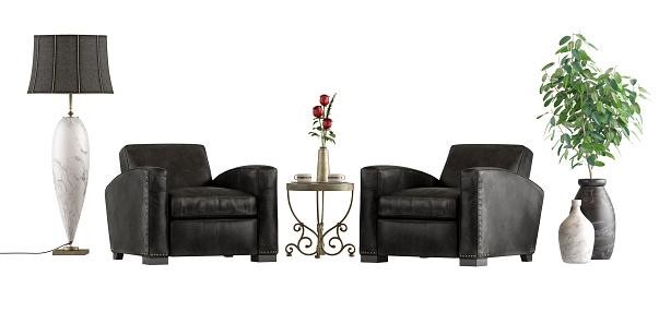 Two classic leather armchairs ,goffee table,floor lamp and houseplant isolated on white background - 3d rendering