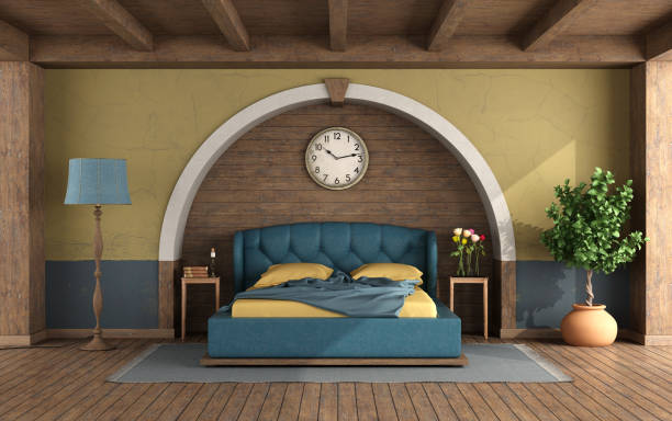 istock Classic style bedroom with a blue leather double bed 1489820863