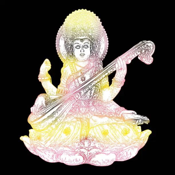 Vector illustration of Hand drawn illustration of Goddess Saraswati for Vasant Panchami Puja of India. Goddess of learning, music, art and wisdom. Vector.