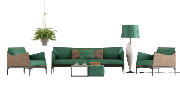 istock Living room set with green sofa and armchairs on white 1489820920