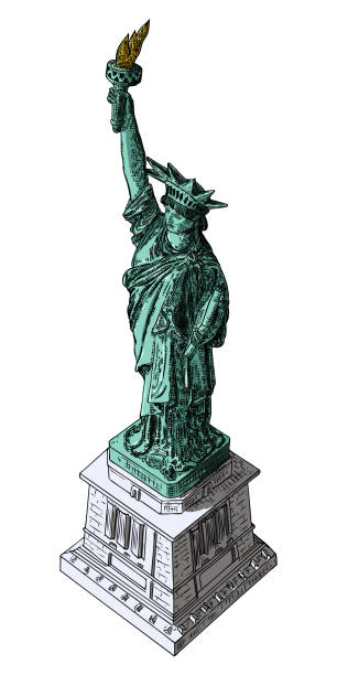 istock Statue of liberty in hand drawing style, line cross hatching, stroke, color. Hand drawn sketch. American national symbol, New York and USA landmark. Vector. 1489821680