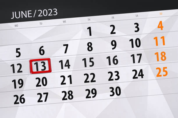 kalender 2023, frist, tag, monat, seite, veranstalter, datum, juni, dienstag, nummer 13 - june calendar page personal organizer stock-grafiken, -clipart, -cartoons und -symbole