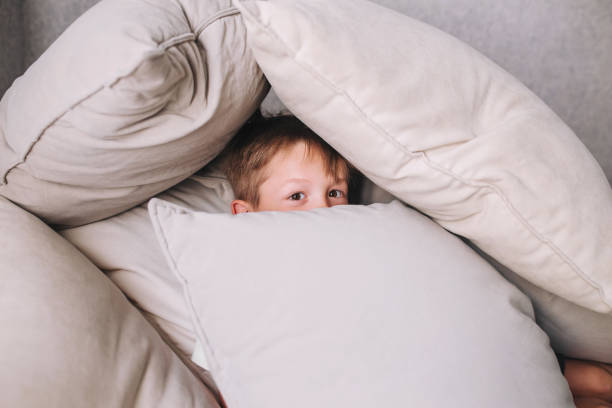 istock Little boy playing and hiding in pillows at home 1489824732