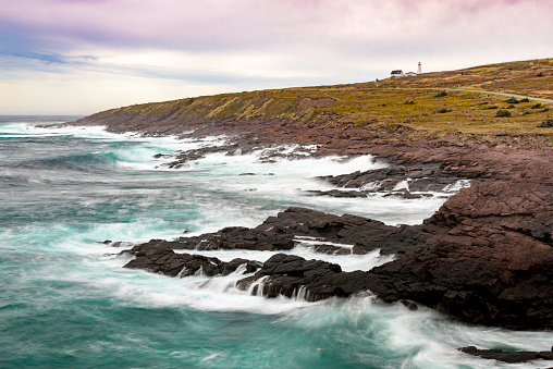 Neist Point lighthouse at Isle of Skye, Scottish highlands, United Kingdom. Long exposure