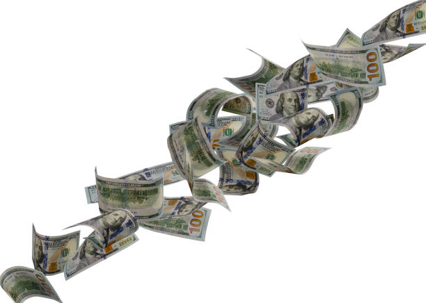 istock Beautifully retouched American dollar bills randomly fly and levitate in space. Isolated on white 1489835332