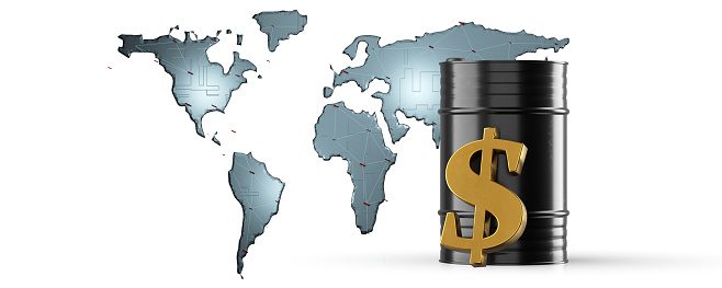 Trade in oil, chemicals, fuels in the global market. World map. Barrels with oil products, fuel, chemicals next to the dollar sign. Price per barrel of oil in dollars. The price per barrel of a chemical element. 3D rendering.