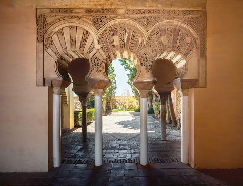 Malaga, Spain - May 18, 2019: Taifa palace at Alcazaba Fortress - Malaga, Andalusia, Spain