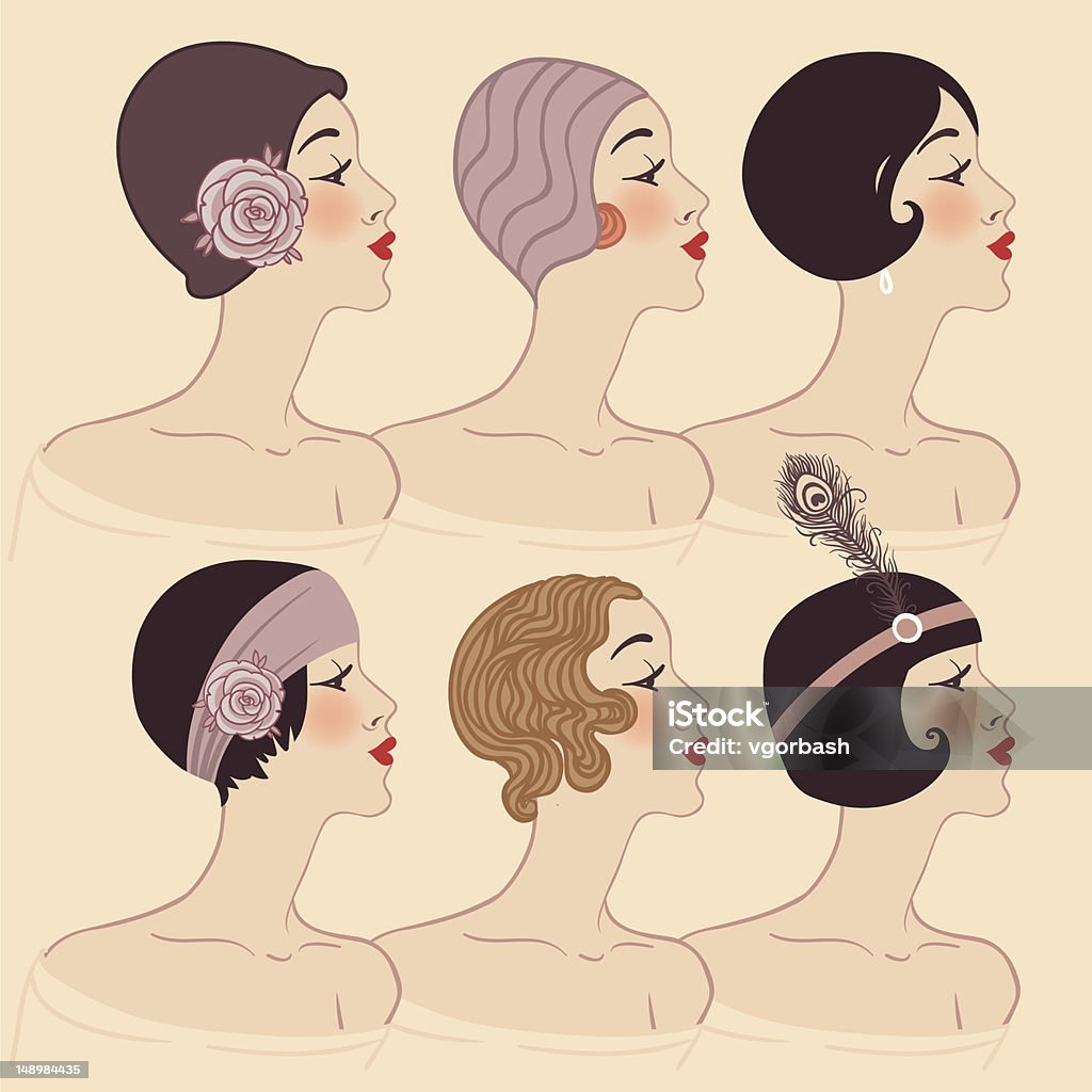 Flapper girls set: Hairstyle, headdress and makeup of 1920s Flapper girls: Hairstyle, headdress and makeup of 1920s Art Deco stock vector