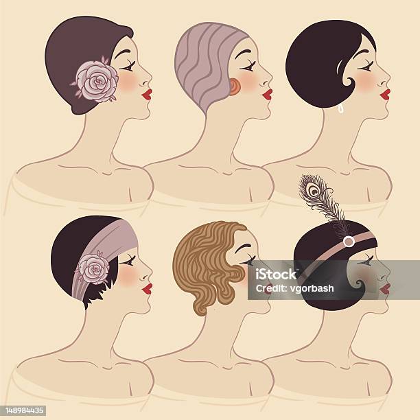 Flapper Girls Set Hairstyle Headdress And Makeup Of 1920s Stock Illustration - Download Image Now