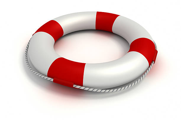 istock Red and white life saving buoy against white background 148984527