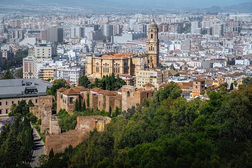 Malaga Cathedral and Alcazaba Fortress Aerial view - Malaga, Andalusia, Spain