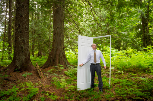 Businessman opening a gateway to a natural lsuh green forest