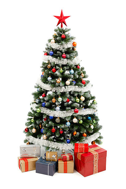 Christmas tree on white with presents stock photo