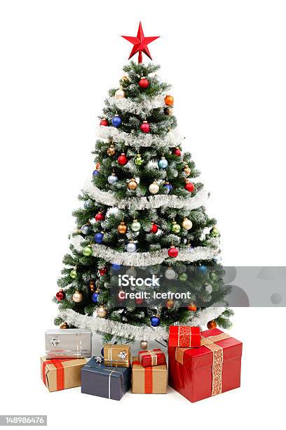 Christmas Tree On White With Presents Stock Photo - Download Image Now - Artificial, Celebration, Christmas