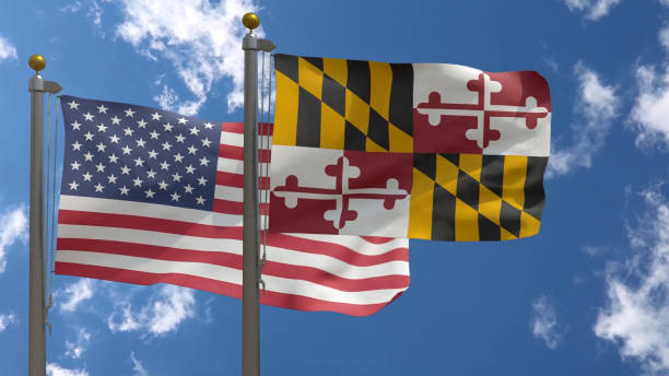 istock American Flag with Maryland State Flag on a Pole, 3D Render 1489865818