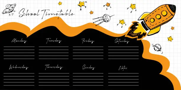 Vector illustration of Time planning concept in flat style. To-do list for the week on a school notebook with freehand drawings.