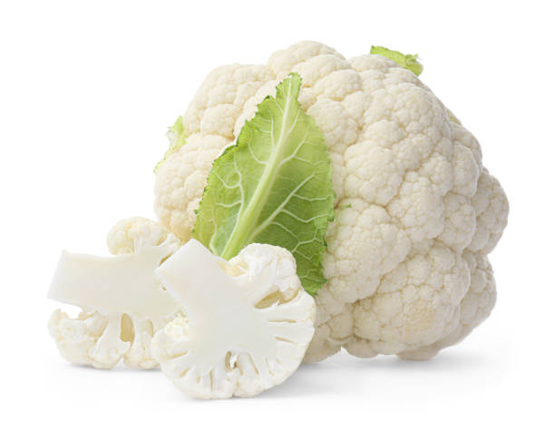 istock Cut and whole cauliflowers on white background 1489867305