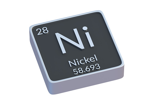 Nickel Ni chemical element of periodic table isolated on white background. Metallic symbol of chemistry element. 3d render