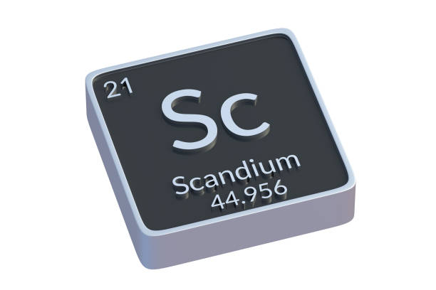 scandium sc chemical element of periodic table isolated on white background. metallic symbol of chemistry element. 3d render - scandium imagens e fotografias de stock