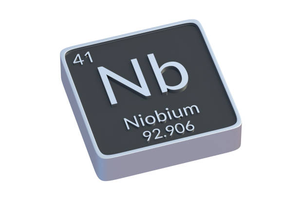 niobio nb elemento químico de la tabla periódica aislado sobre fondo blanco. símbolo metálico del elemento químico. renderizado 3d - niobium fotografías e imágenes de stock